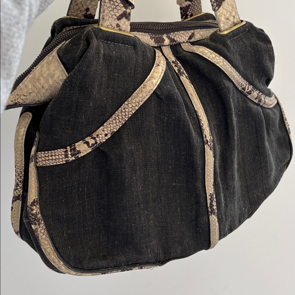 Vintage THEORY denim/canvas genuine snake skin slouchy shoulder bag - Picture 4 of 9